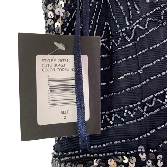 MARINA Deco Beaded Mesh A Line Gown with Godet Skirt Navy Size 2 NWT - Picture 8 of 12